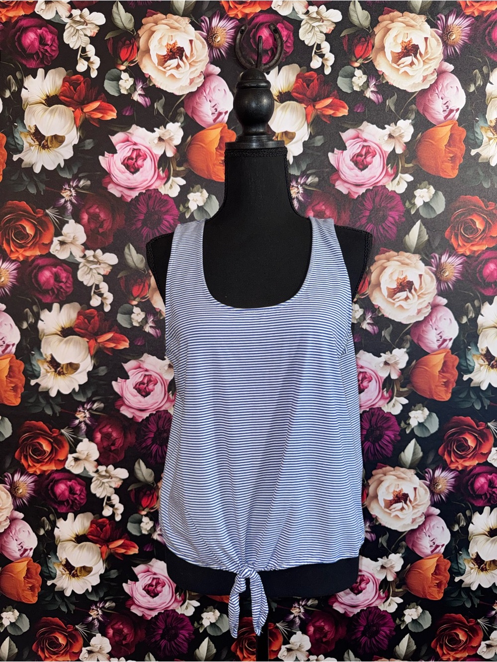 Daniel Cremieux Blue and White Striped Tie-Front Tank, Large